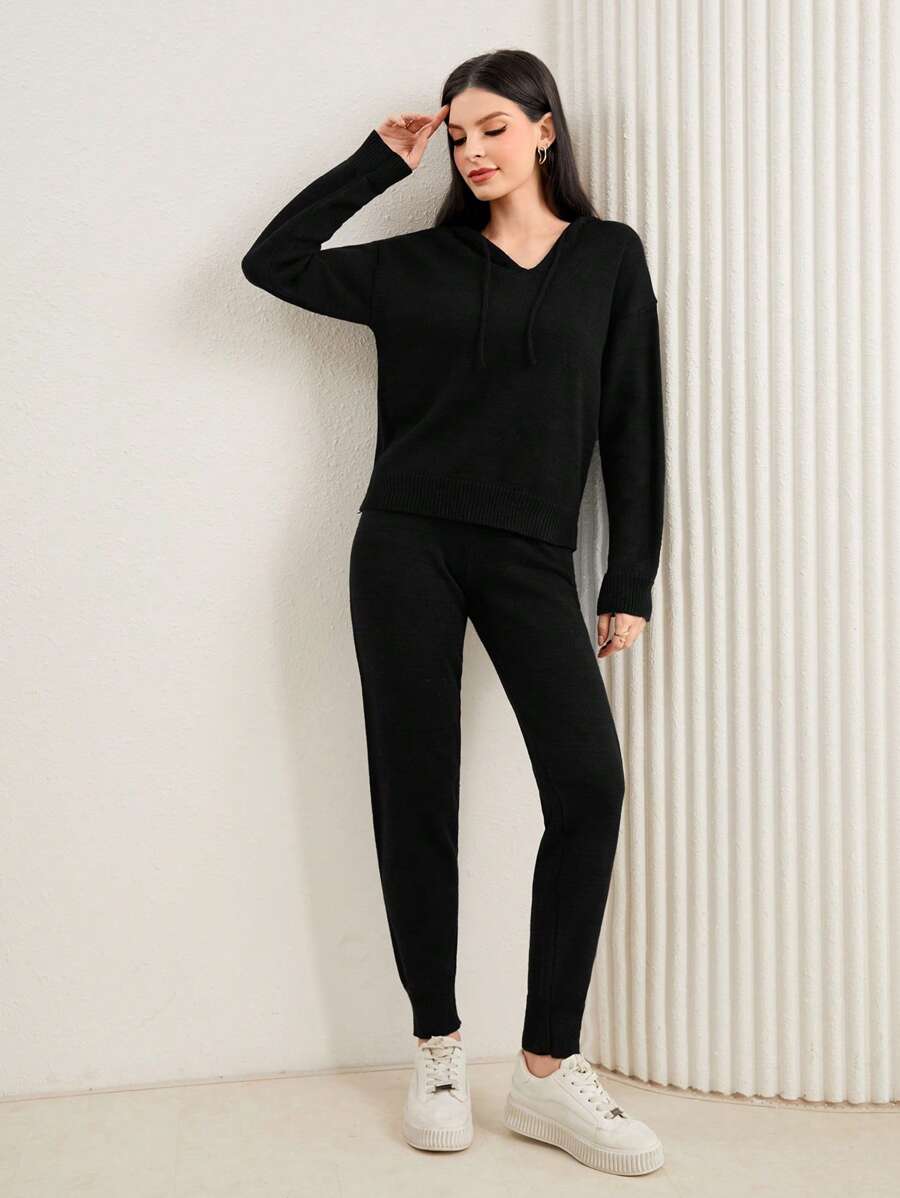 Mulvari Thả vai Dây rút áo có mũ Áo len & Quần dệt kim - màu đen - Xem 1