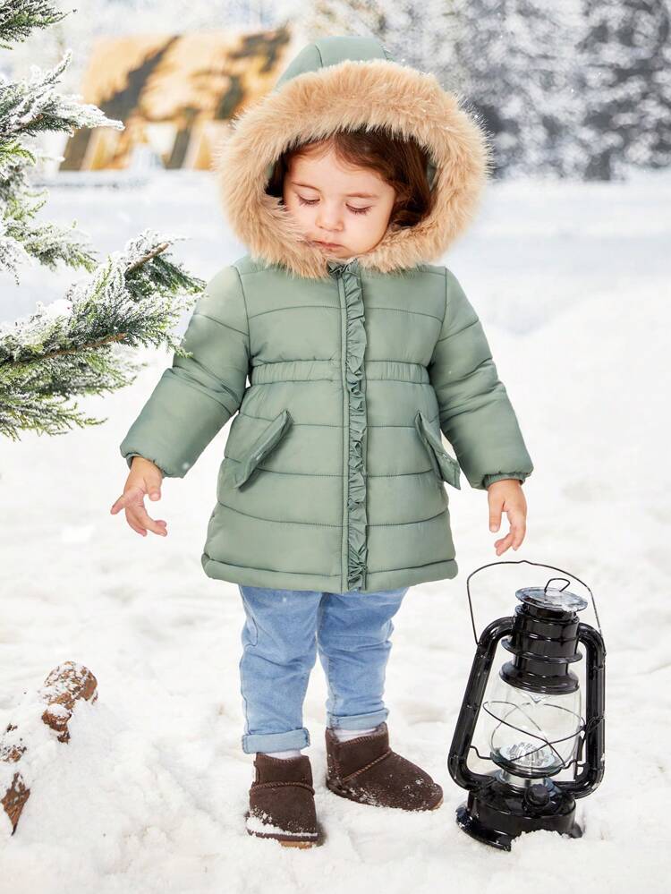 Baby Girl Flap Detail Fuzzy Trim Hooded Padded Coat