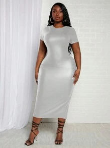 Slaydiva Plus Solid PU Leather Bodycon Dress - Silver - View 1