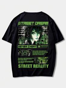 ROMWE MEN Anime Men Figure & Slogan Graphic Tee, School - Black - View 1