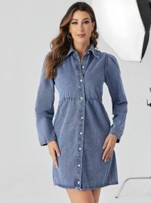 Button Front Denim Dress - Blue - View 4
