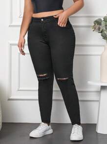 SHEIN Cottnline Plus Casual Ripped Skinny Jeans - Black - View 4