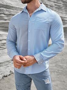 Manfinity Homme Men Striped Print Pocket Patched Shirt - Blue - View 3