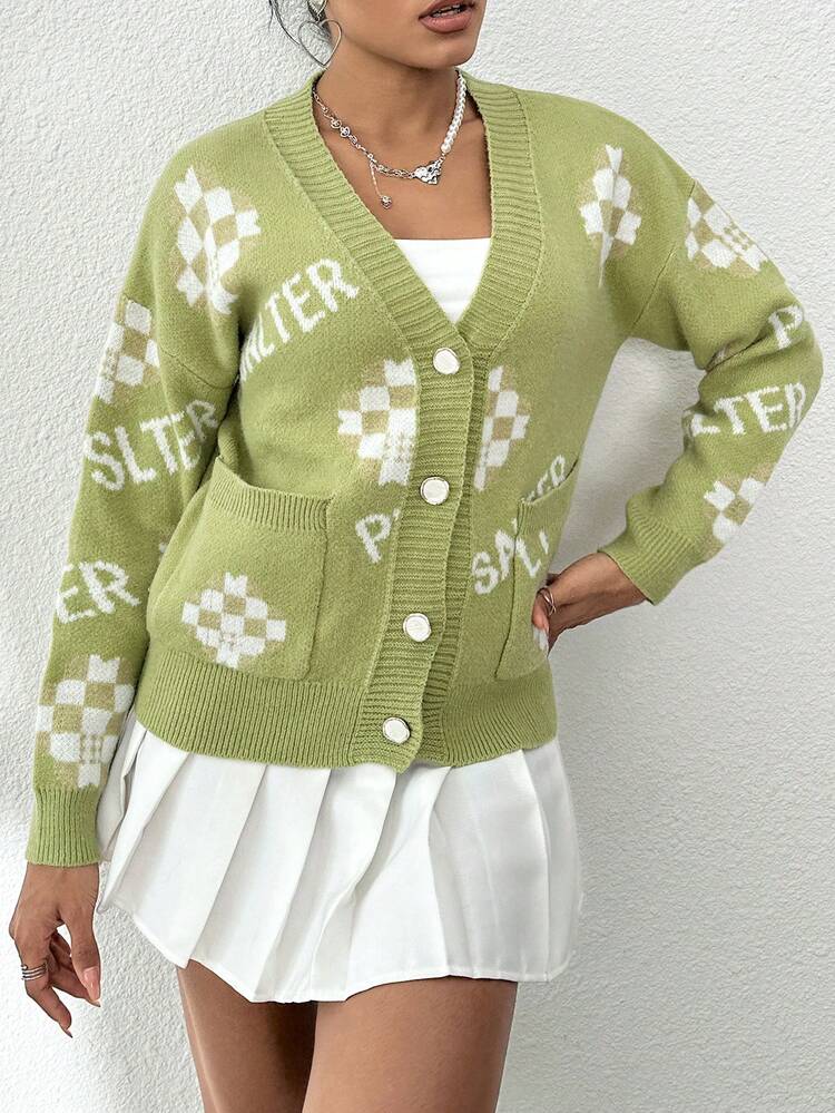 Letter Pattern Drop Shoulder Pocket Patched Cardigan