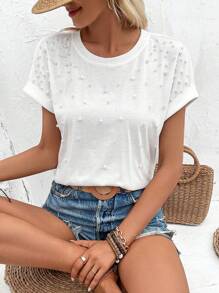 SHEIN VCAY 素色珍珠細節蝙蝠袖T恤 - 白色 - 查看 4