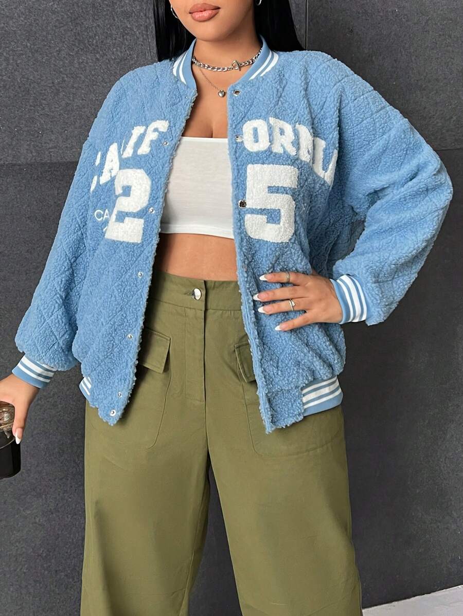 SHEIN EZwear Plus Letter Pattern Striped Trim Drop Shoulder Teddy Jacket - Mint Blue - View 1