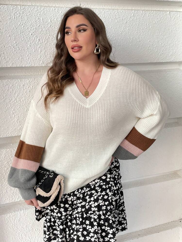 Plus Colorblock Drop Shoulder Sweater Knit Pullover Fall Winter Sweater