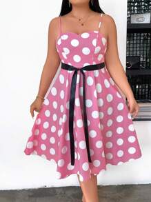 Celure Plus Polka Dot Print Belted Cami Dress - Multicolor - View 1