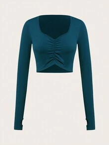 Lifespree Solid Ruched Front Crop Tee workout tops - Dusty Blue - View 7