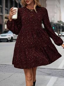 Breezaya 满版印花灯笼袖荷叶边下摆罩衫连衣裙 酒红色度假海滩装 女款 - 酒紅色 - 查看 3