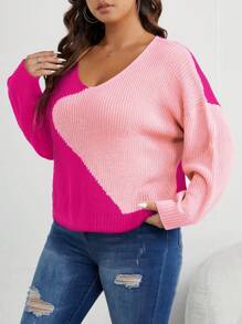 SHEIN Unity Plus Size Women Colorblock V-Neck Knit Casual Sweater, Autumn/Winter Knit Pullover Fall Sweater - Hot Pink - View 5