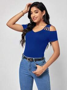 SHEIN Clasi Solid Cold Shoulder Tee - Royal Blue - View 7