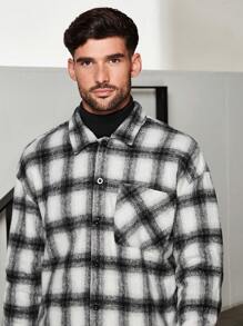 Manfinity VCAY Men's Plaid Print Pocket Patched Oversized Overcoat - Black and White - View 5