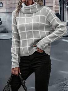 SHEIN LUNE 格紋圖案高領落肩袖套頭毛衣 - 灰色 - 查看 5