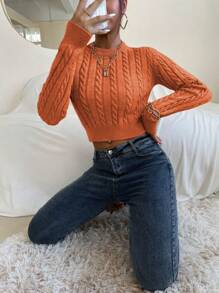 Chiquease Cable Knit Crop Knit Pullover Fall Winter Sweater - Rust Brown - View 6