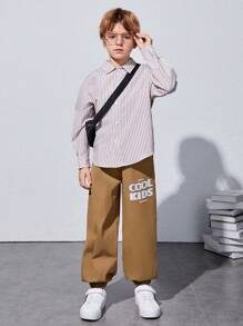 SHEIN Tween Boy Striped & Slogan Graphic Flap Pocket Shirt & Pants - Khaki - View 2