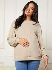 SHEIN Maternity Drop Shoulder Nursing Sweatshirt - Khaki - View 4