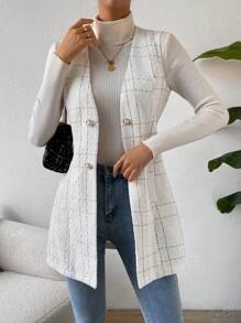 Calvaya Double Breasted Detail Slant Pocket Vest Coat - White - View 6