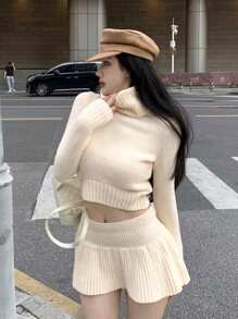 DAZY Solid High Neck Crop Sweater & Ribbed Knit Skirt,Fall Clothes - Yellow - View 9