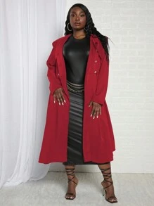 Slaydiva 大碼雙排釦腰帶風衣外套 - 紅色 - 查看 3