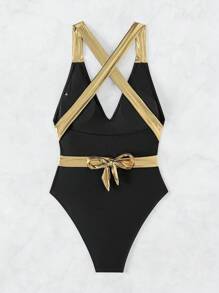 女士连体吊带泳衣，适合夏季海滩度假 - 黑色 - 查看 3