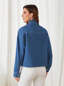 SHEIN Privé Drop Shoulder Ruffle Trim Denim Shirt - Dark Wash - View 2