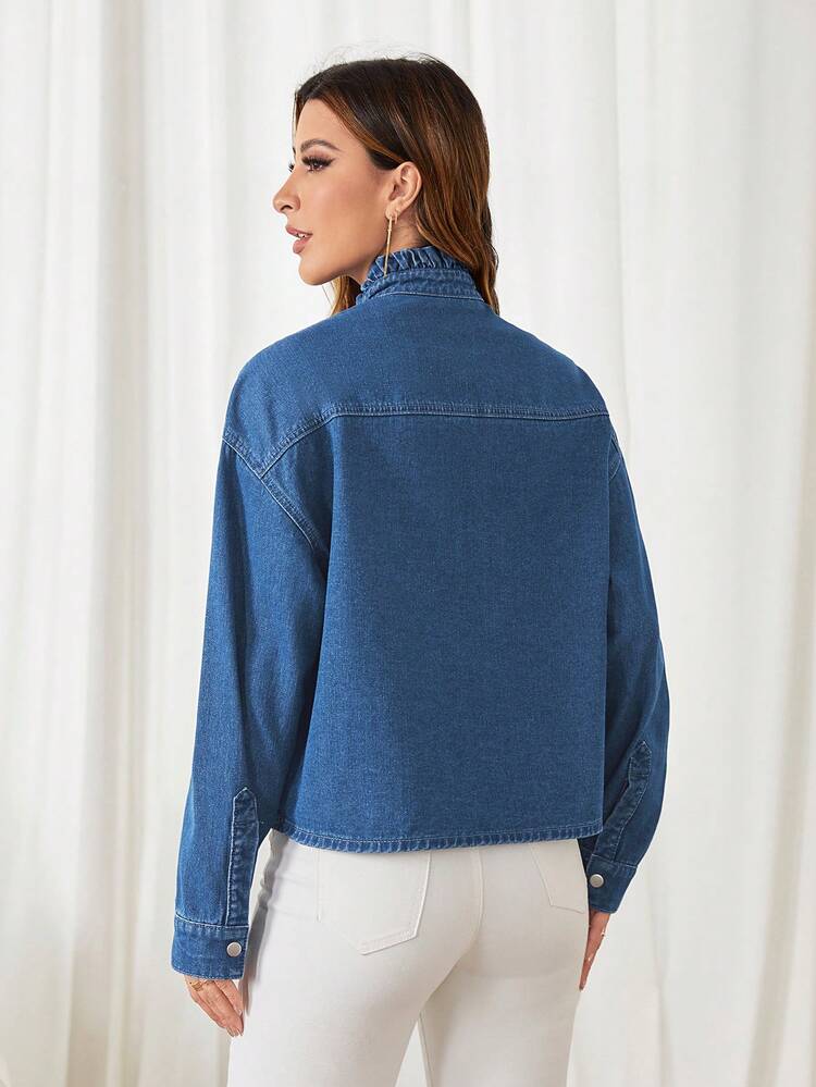 Drop Shoulder Ruffle Trim Denim Shirt