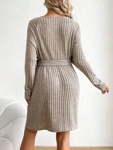 SHEIN Maternidad Vestido con cinturón de manga raglán - Caqui - Ver 2