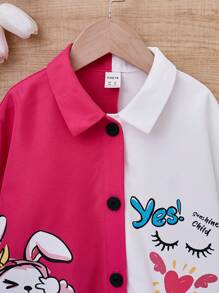 SHEIN Tween Girl Cartoon Graphic Two Tone Drop Shoulder Shirt - Multicolor - View 4