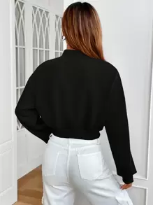 SHEIN EZwear Áo nỉ chui đầu cổ khoét vai in chữ nổi, áo dài tay cho mùa thu/đông - màu đen - Xem 2