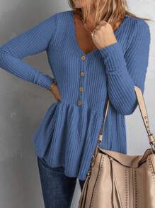 SHEIN LUNE 半排扣荷葉邊下擺T恤 - 霧霾藍 - 查看 4