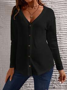 SHEIN 孕婦華夫格編織落肩T恤 - 黑色 - 查看 3