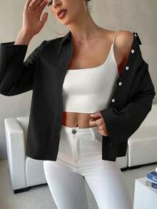 Chiquease Chất rắn Cuộn lên tay áo Nút phía trước Áo sơ mi - màu đen - Xem 6