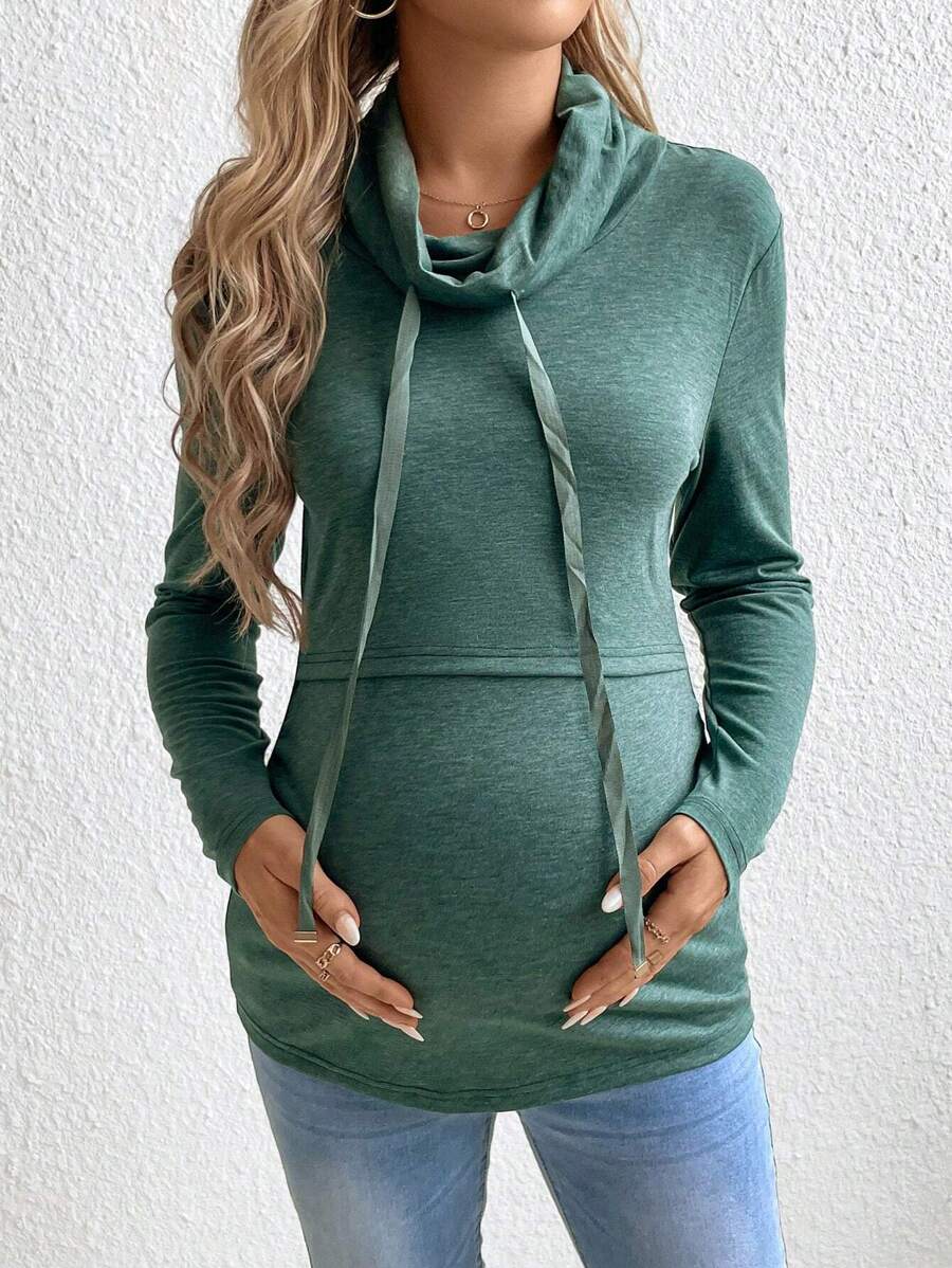 SHEIN 垂坠领抽绳哺乳细节长袖孕妇上衣 - 墨綠色 - 查看 1