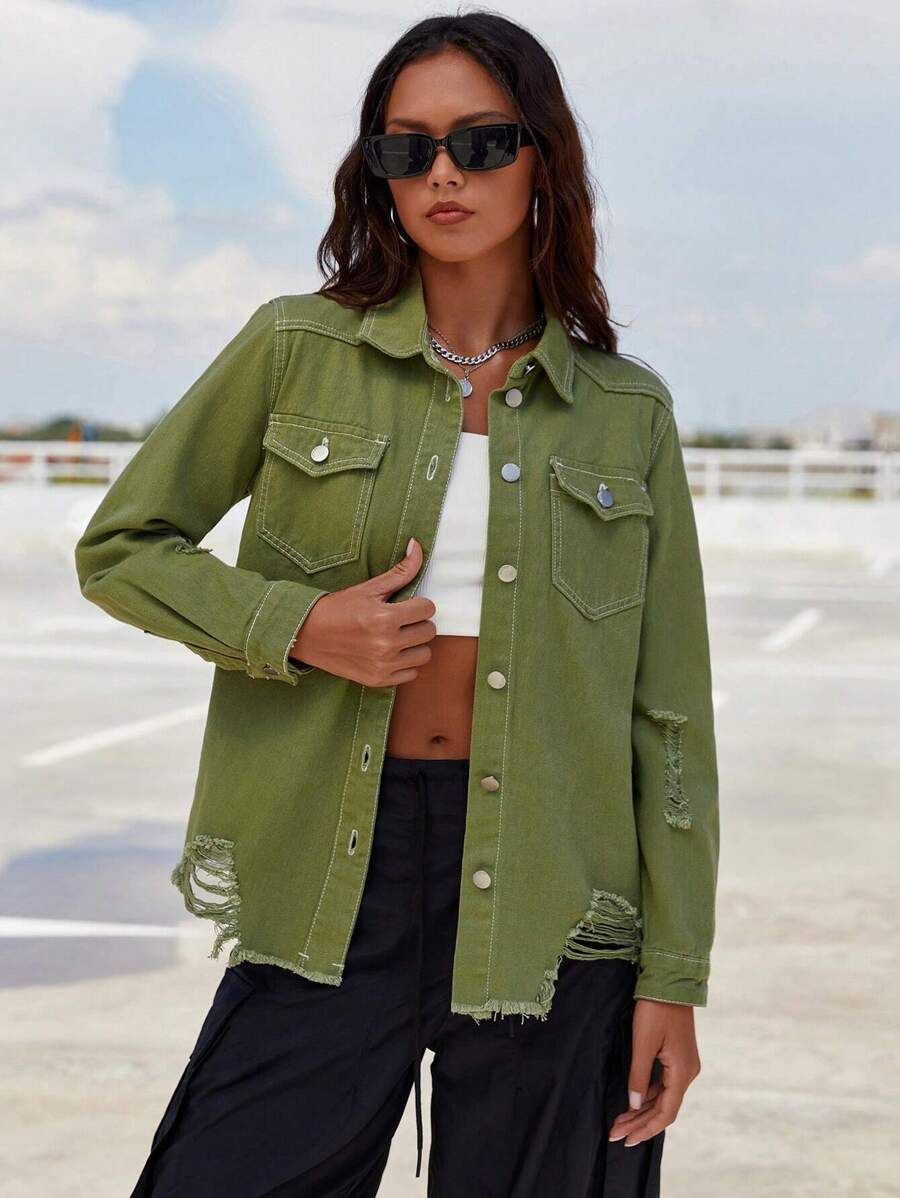 SHEIN EZwear Ripped Raw Hem Denim Jacket - Army Green - View 1
