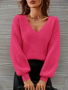 SHEIN LUNE Jersey escote V de hombros caídos - Rosa Fucsia - Ver 4