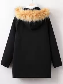 Tween Boy Fuzzy Trim Hooded Open Front Overcoat Without Sweater - Black - View 2