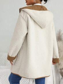 SHEIN Unity Contrast Binding Hooded Teddy Duffle Coat Fall Cloth For Women - White - View 2