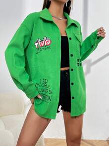 SHEIN Unity 標語圖案翻蓋口袋落肩袖外套 - 綠色 - 查看 3