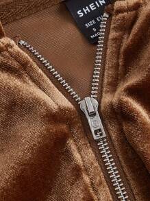 SHEIN MOD Túi có nắp Dây kéo áo có mũ Nhung Áo khoác - màu nâu - Xem 6