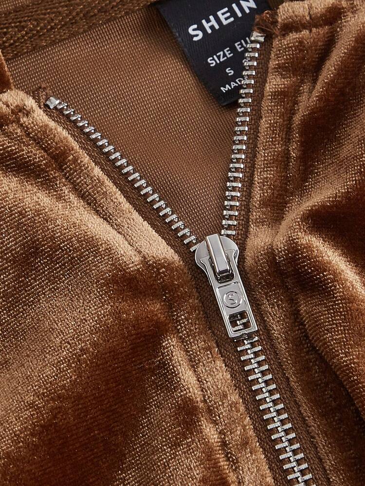SHEIN MOD Túi có nắp Dây kéo áo có mũ Nhung Áo khoác - màu nâu - Xem 6