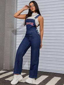SHEIN ICON Letter Graphic Denim Overalls Without Tank Top - Dark Wash - View 5