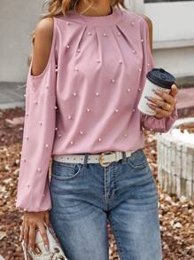 SHEIN Essnce 挖肩珍珠串珠燈籠袖襯衫 - 粉色 - 查看 2