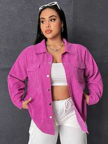 SHEIN EZwear 大碼翻蓋口袋落肩袖燈芯絨大衣 - 玫紅色 - 查看 5