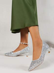 法式婚禮鞋女性高跟鞋適用於伴娘,細跟跟水晶鞋 - 銀色 - 查看 5