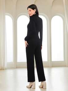 Modelyn Conjunto de 2 piezas de suéter de cuello alto y pantalones de punto sin cinturón