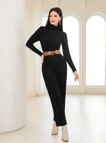 Modelyn Conjunto de 2 piezas de suéter de cuello alto y pantalones de punto sin cinturón