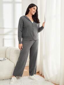 Mulvari 大碼拉鏈開襟插肩袖連帽開襟衫和針織褲 - 深灰色 - 查看 2