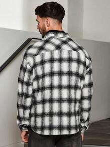Manfinity VCAY Men's Plaid Print Pocket Patched Oversized Overcoat - Black and White - View 2
