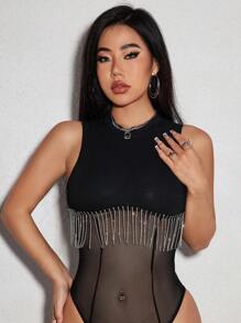 VaVaBold Casual Black Bodysuit,Cute Party Outfits,Sheer Mesh Contract Clothing Knitted Trimmed See-Through Women Bodysuits With Rhinestone And Tassel Embellishment,Solid Color Sleeveless Bodysuit,Dating/Holiday/Club/Rave Music Festival/Club/Night Out Wear - Black - View 6